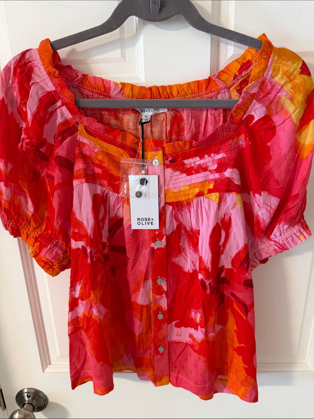 Rose & Olive Red Pink Orange Floral Button-Front Peasant Blouse